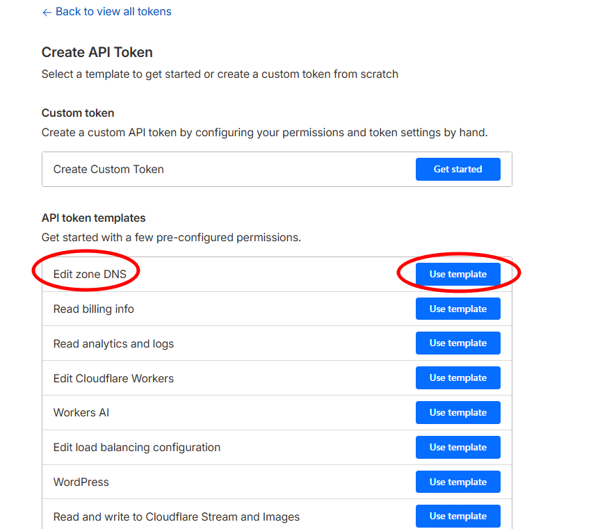 Cloudflare Create API Token เลือกเทมเพลต Edit zone DNS